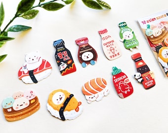10 Asian Sauce & Sushi sticker pack - water resistant die cut sticker/ kawaii, cute, aesthetic, stationery, korean food, phone deco