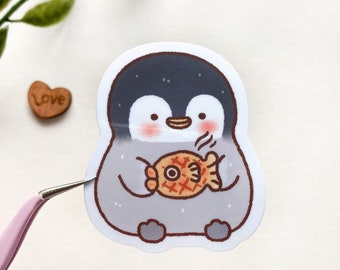 Kawaii Penguin With Taiyaki vinyl sticker / kawaii, cute, aesthetic, Korean, asian, winter