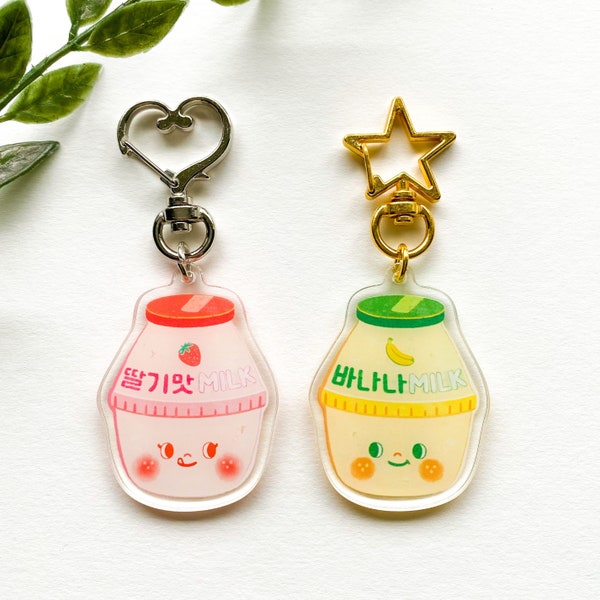 Korean Banana & Strawberry Milk keychain - acrylic keyring, kawaii, cute, aesthetic, asian