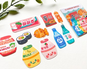 10 Koreaanse Snacks stickerpakket - waterbestendig gelamineerde gestanst sticker / kawaii, schattig, esthetisch, briefpapier, Koreaans eten, telefoondeco