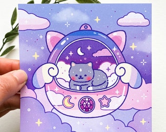 Night Cat Tamagotchi Art Print - kawaii, cute, aesthetic,cat, sky, Korean, asian