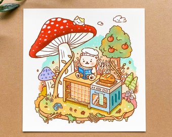 Mush Forest Bakery Art Print - kawaii, cute, aesthetic, mushroom, mushcore, goblincore, bear, Korean, asian