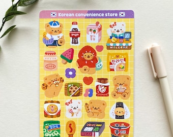 Korean Convenience Store sticker sheet - cute, kawaii, aesthetic, bear, ramen, Korean, asian