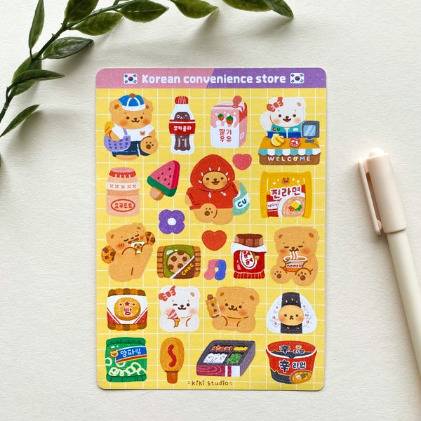 Korean Convenience Store sticker sheet - cute, kawaii, aesthetic, bear, ramen, Korean, asian