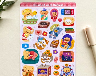 Home Sweet Home sticker sheet - cute, kawaii, aesthetic, bear, ramen, Korean, asian