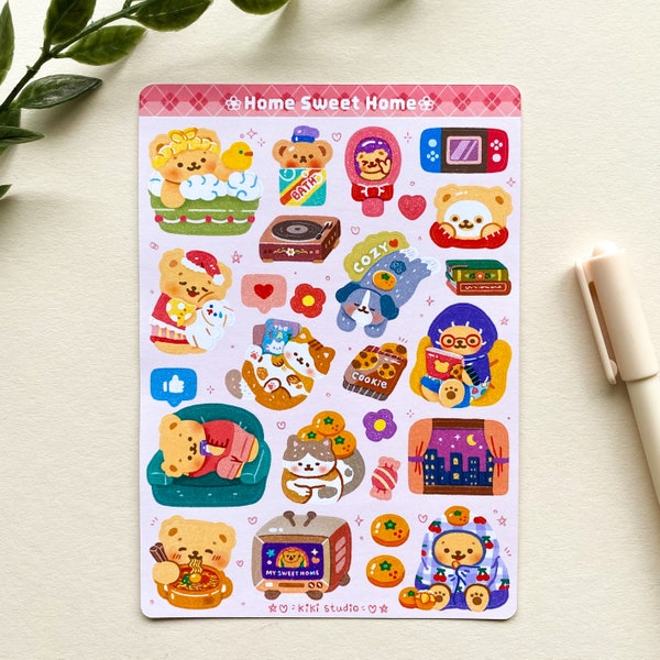 Home Sweet Home sticker sheet - cute, kawaii, aesthetic, bear, ramen, Korean, asian