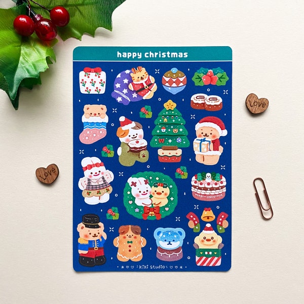 Happy Christmas sticker sheet - cute, kawaii, aesthetic, cozy, bear, x-mas, santa, Korean, asian