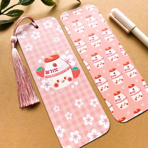 Korean Strawberry Milk Bookmark - kawaii, cute, aesthetic, books, reading, silk matte laminated, Korean stationery, Asian