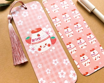 Korean Strawberry Milk Bookmark - kawaii, cute, aesthetic, books, reading, silk matte laminated, Korean stationery, Asian