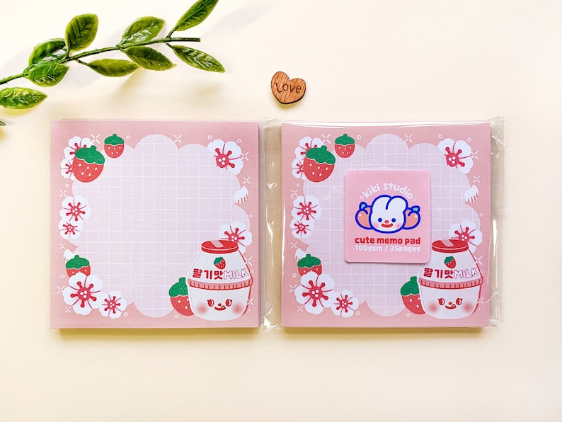 Korean Banana & Strawberry Milk Memopad with a cardboard backing / pink, yellow, sakura, cute, kawaii, aesthetic, notepad image 2