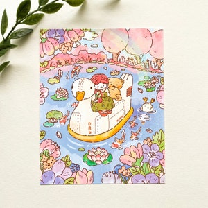 duck boat voyage art print - kawaii, cute, aesthetic, bear, lake, Korean, asian