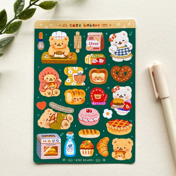Cozy Bakery sticker sheet - cute, kawaii, aesthetic, bear, bread, baking, Korean, asian