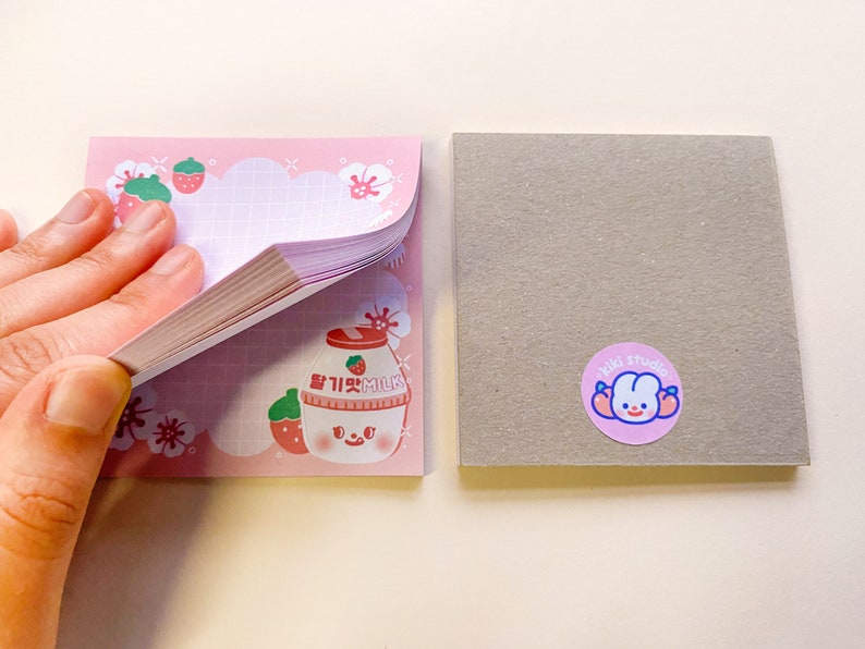 Korean Banana & Strawberry Milk Memopad with a cardboard backing / pink, yellow, sakura, cute, kawaii, aesthetic, notepad image 4