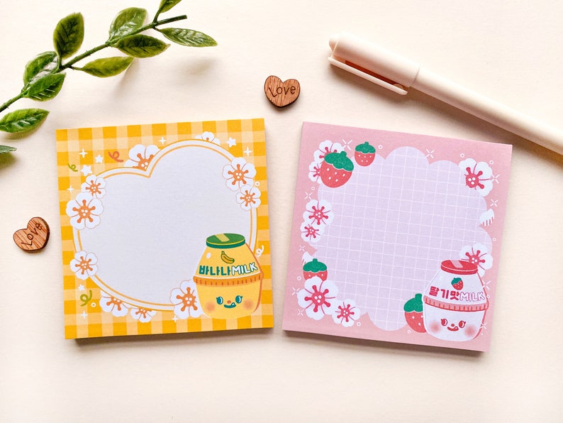 Korean Banana & Strawberry Milk Memopad with a cardboard backing / pink, yellow, sakura, cute, kawaii, aesthetic, notepad image 1