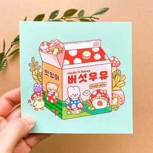 Mush Milk Korean Theme Art Print - kawaii, cute, aesthetic design, hangul, mushroom, rabbit, mushcore, goblincore, duck, asian