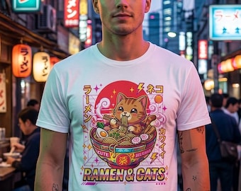 Ramen Cats T-Shirt Cute Cat In Ramen Bowl Japanese Kawaii Anime Graphic Tee