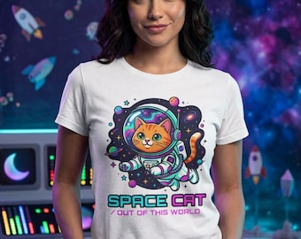 Space Cat Astronaut T-Shirt Cute Retro Neon Cat In Space Graphic Tee