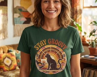 Stay Groovy Cat T-Shirt Retro Sunset Vintage Style Boho Graphic Tee