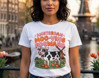 Amsterdam Moo-ving Forward Cow T-Shirt Dutch Windmill Clogs Cute Cow Graphic Tee