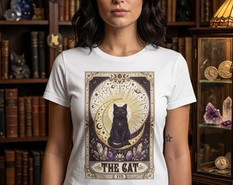 The Custom Cat Tarot Style Illustration Tee Black Cat Moon Mystic Art Witchy Shirt