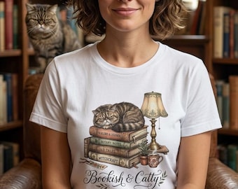 Bookish & Catty T-Shirt Stacked Books Cat Lover Gift Reading Graphic Tee