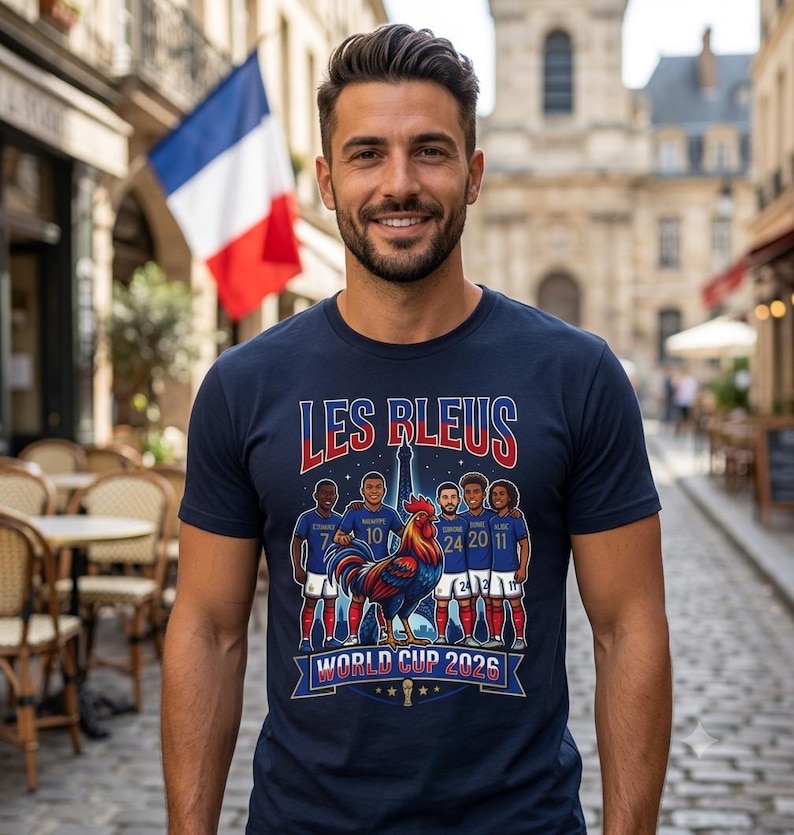 May include: A navy blue short-sleeve t-shirt featuring a graphic print with the text LES BLEUS and WORLD CUP 2026. The design includes five soccer players in blue uniforms, a large colorful rooster, and the Eiffel Tower in the background.