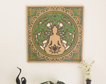 Wooden Bodhi Tree Buddha Wooden Carving Art Piece Meditation Art Mandala Wall Art Home Decor Art Wall Hanging Art Yoga Wooden Wall Art