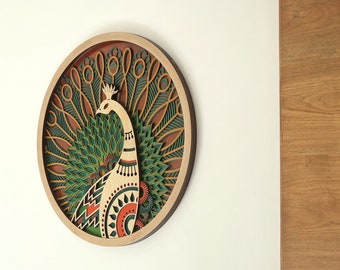 Peacock Mandala Art Nature inspired Peacock design beautiful bird artwork wooden crafted unique boho colorful design nature art home decor