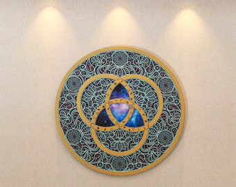 Trinity Decor Wooden Mandala Art Apartment Quirky 3 ring design art Universe Theme Funky Detailed Wallhanging in Meditation Design Homedecor