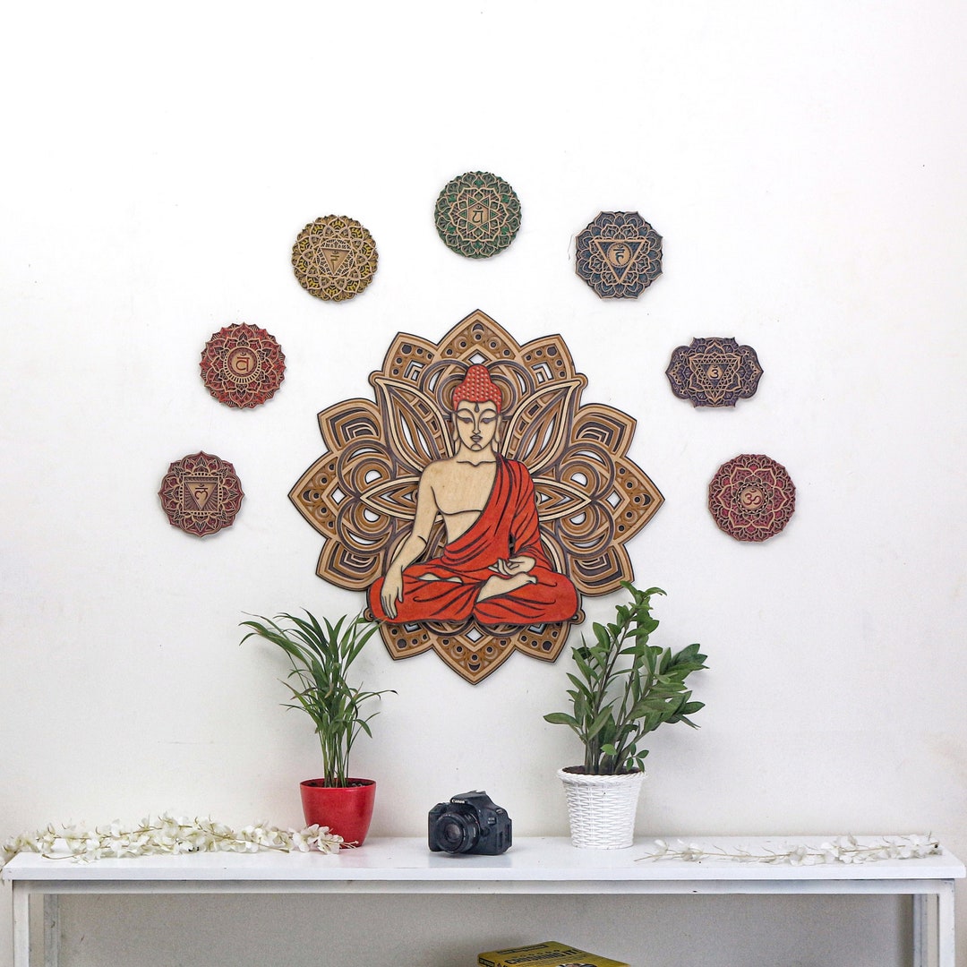 Wooden Buddha Wall Art With 7 Chakras Set, Mandala Decor - Etsy