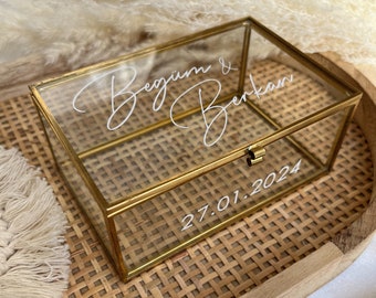 Personalisierte Ringschatulle | Ringbox aus Glas Eckig | Hochzeit | Ringkästchen | Glasschatulle für Schmuck | Ehering Box | Trockenblumen