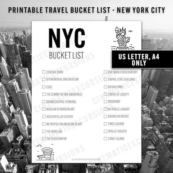 Printable New York City Travel Bucket List, Top 20 Places To Visit, NYC Trip Itinerary Planner, Digital Download PDF, US Letter, A4