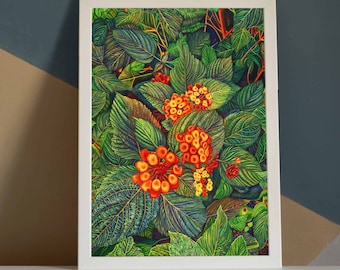 Orange Flower Print, Green Artwork Plants, Vibrant Art Print, Bright Flower Wall Art, Bright Flower Poster Print Digital Downloadable Art