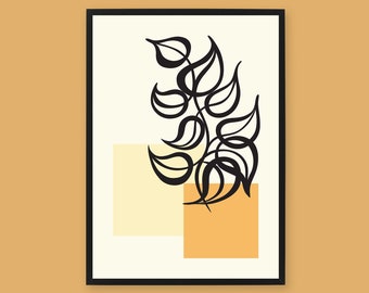 Earth Tone Wall Art, Black Abstract Leaves Wall Art, Aesthetic Earthy Mid Century Wall Art, Printable Wall Art with Plant, Digital poster