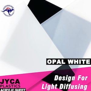 May include: Opal white acrylic sheet, designed for light diffusing. The sheet is shown in a white, grey, and black colour scheme. The text "JYCA PLASTICS ACRYLIC SHEET" is in the bottom left corner. The text "OPAL WHITE" is in the top right corner. The text "Design For Light Diffusing" is in the bottom right corner.
