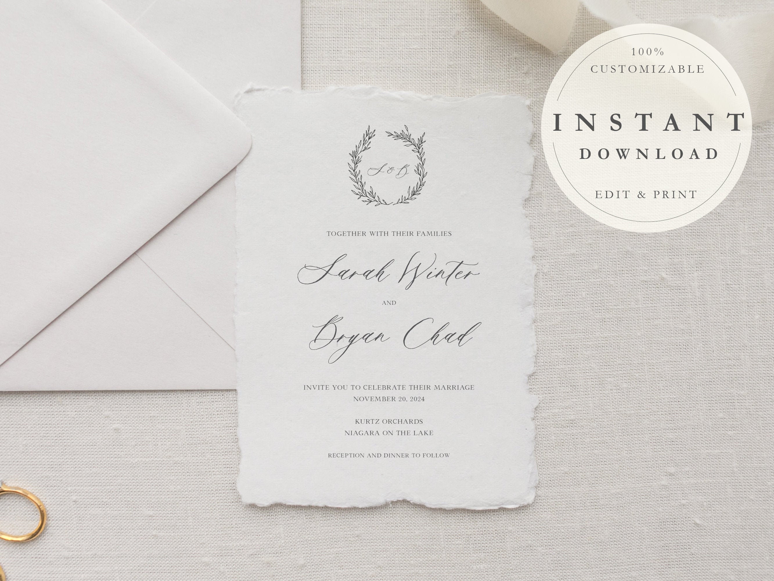 Custom Monogram Wreath Italy Wedding Invitation Instant - Etsy Canada