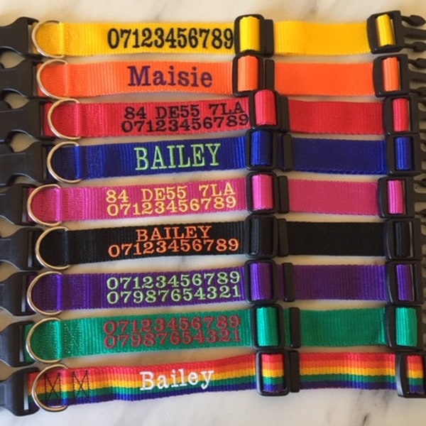 Medium Personalised  Embroidered dog collar 39-52cm, 9 colours of 25mm wide webbing, embroidered with name, number, or NAME and number