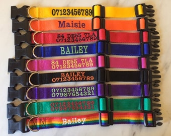 Small Personalised  Embroidered dog collar 33-41cm, 9 colours of 25mm wide webbing, embroidered with name, number, or NAME and number
