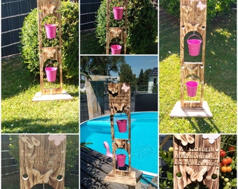 Wood Decoration,Balcony Spring +60 LED Fairy Lights Decoration,Wood Stands,Welcome Sign with 2 Buckets for Flowers.