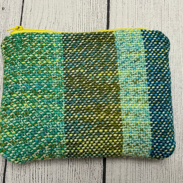 Handwoven Upcycled Lined Zippered Bag made with Recycled Materials: Handmade Pouch in Green, Yellow, and Blue