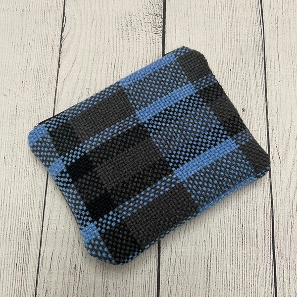 Handwoven Upcycled Lined Zippered Bag made with Recycled Materials: Handmade Pouch in Blue, Black, and Gray with Black Zipper