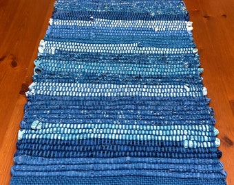 Handwoven Upcycled Table Runner made with Recycled Cloth: Handmade Table Centerpiece in Shades of Blue