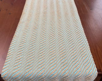 Handwoven Aqua and Sand Table Runner: Coastal Decor