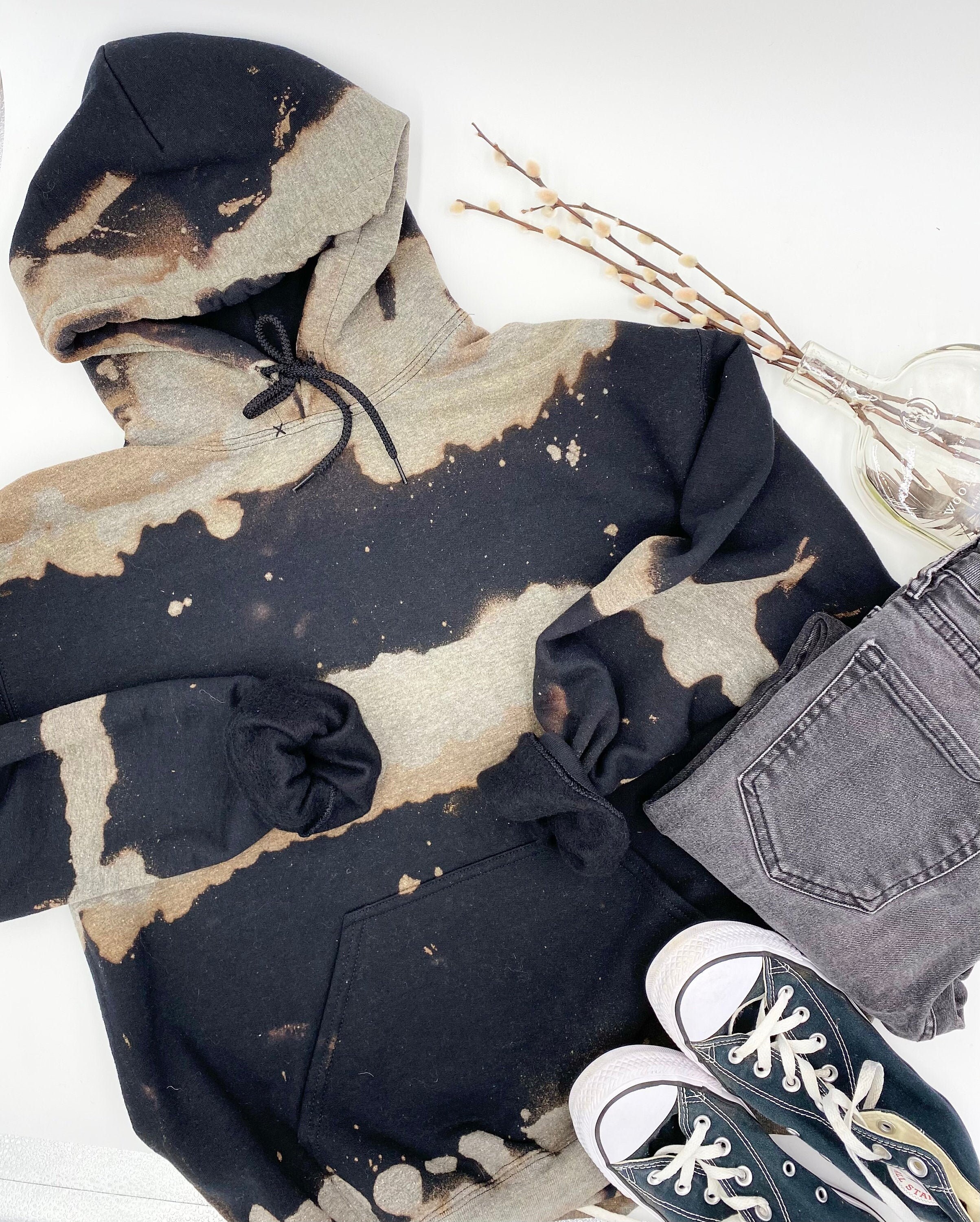 Size M Black/Grey Bleach Dye Hoodie Etsy