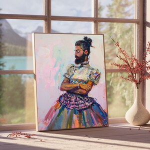 May include: A colorful painting of a person with a beard wearing a dress and standing with their arms crossed. The background is a soft pink and white.