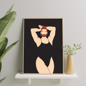 Peut inclure: Illustration numérique d'une personne avec une barbe rouge et des cheveux roux portant un maillot de bain noir une pièce sur fond noir.