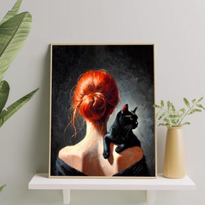 気まぐれな猫好きの肖像画 | 印象派の赤毛猫ママの絵画 | 美的猫ママへのギフト | 自宅やオフィス用の黒猫ウォールアート