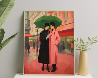 Impressão de arte elegante de mulheres sáficas | Pôster de belas artes vintage de amor lésbico | Arte de parede vibrante e clássica de orgulho lésbico para casa e escritório