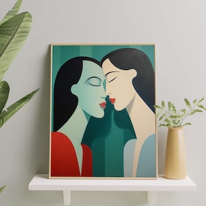 Sapphic Love Minimalist Art Print | Lesbian Girls Modern Art Poster | Lesbian Pride illustration | Girls in Love Wall Art for Home & Office
