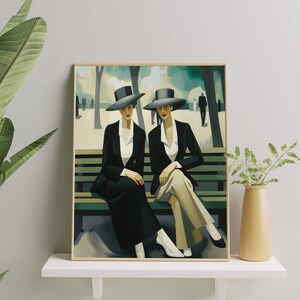 Classy Sapphic Couple Painting | Lesbian Love Fine Art Poster | Sapphic Love in Art Deco Style | Lesbian Pride Wall Art for Home & Office